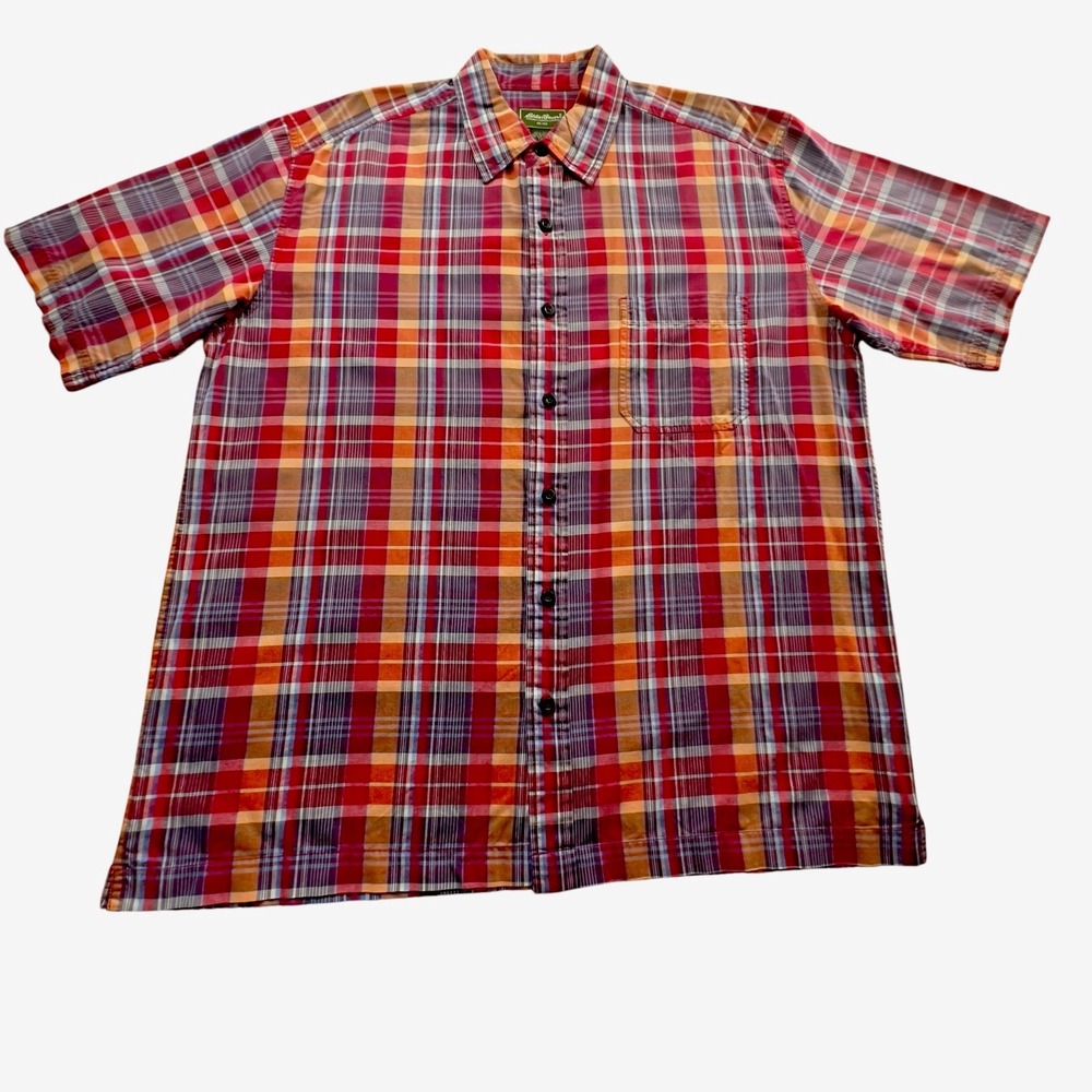 Eddie Bauer Button Up Shirt Plaid Blue/Red Short‎ Sleeve Straight Hem Tall XL